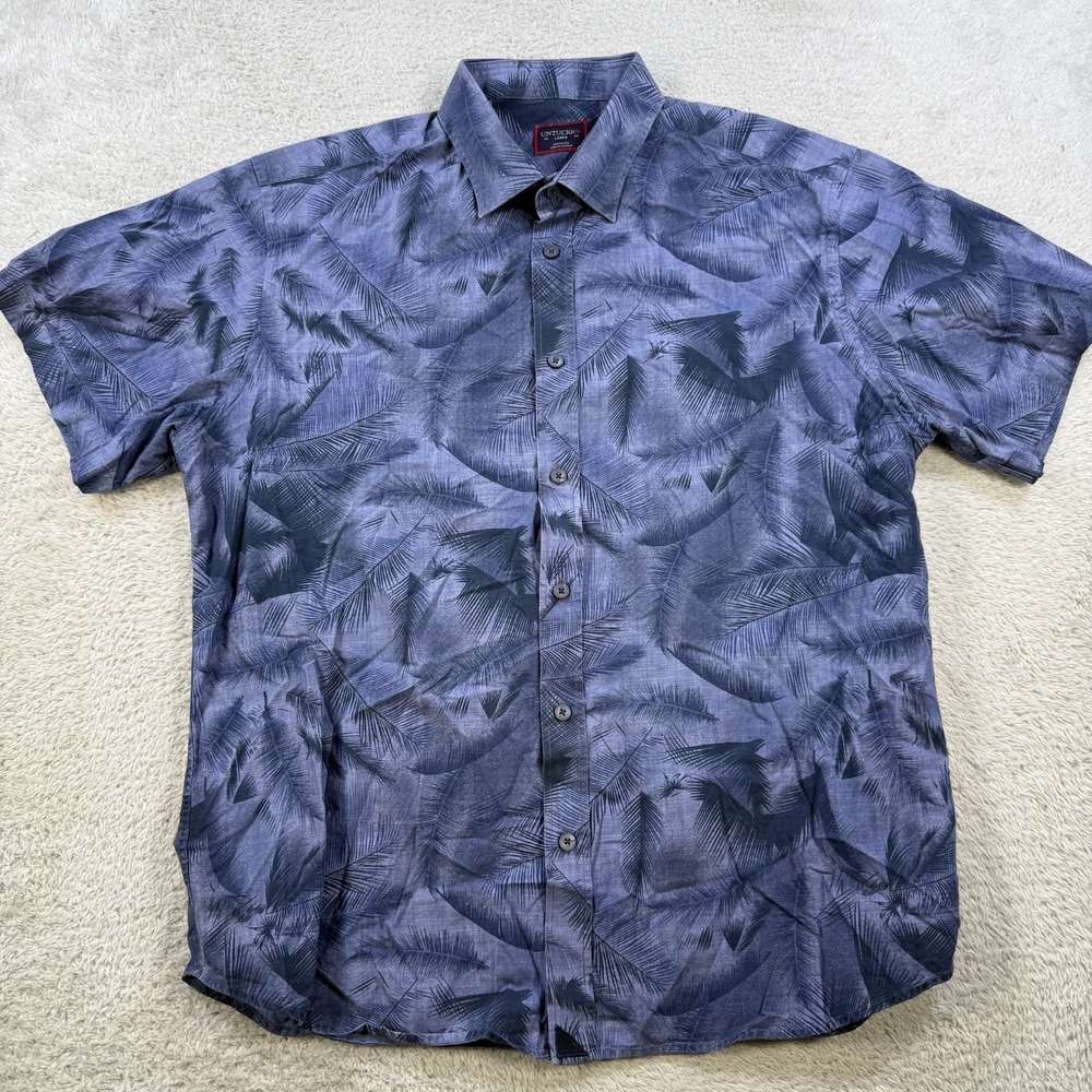 UNTUCKit Shirt Men Large Blue Floral Short Sleeve Button Up Palm Hawaiian Cotton - Picture 2 of 7